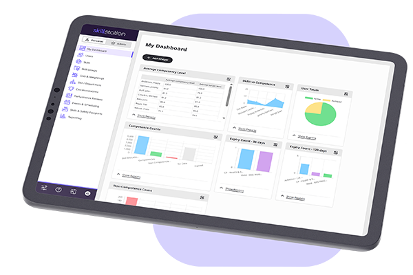A tablet device displaying the SkillStation dashboard