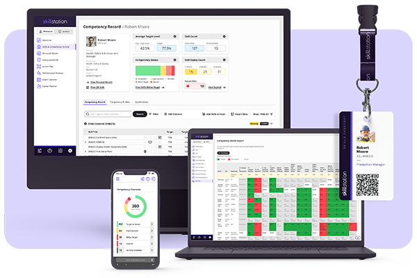 SkillStation displayed on multiple devices of varying sizes, adjacent to a Skills and Safety Passport
