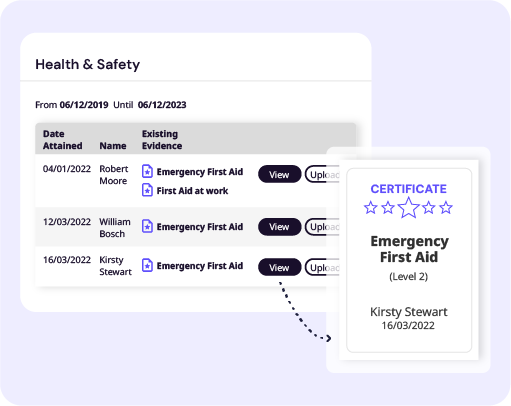 The SkillStation app user interface used to upload or view supporting documentation like certificates