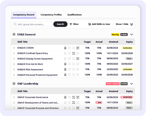 An example Competency Record in SkillStation, with skills subdivided into skill groups