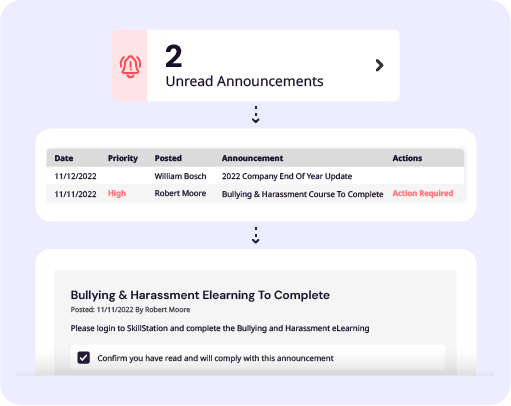 A link in the SkillStation app leading to the Announcements user interface